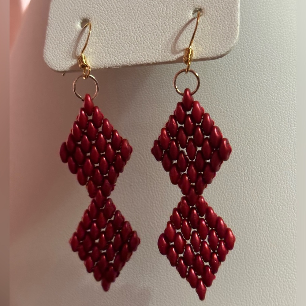 Hand crafted earrings red SuperDuo beads 14k gold filled earwires 2.5 inches
